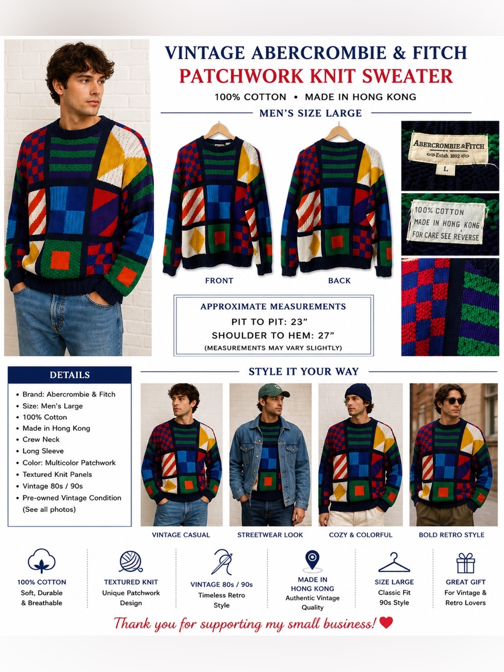Vintage Abercrombie & Fitch Patchwork Knit Sweater Men's Large Cotton multi